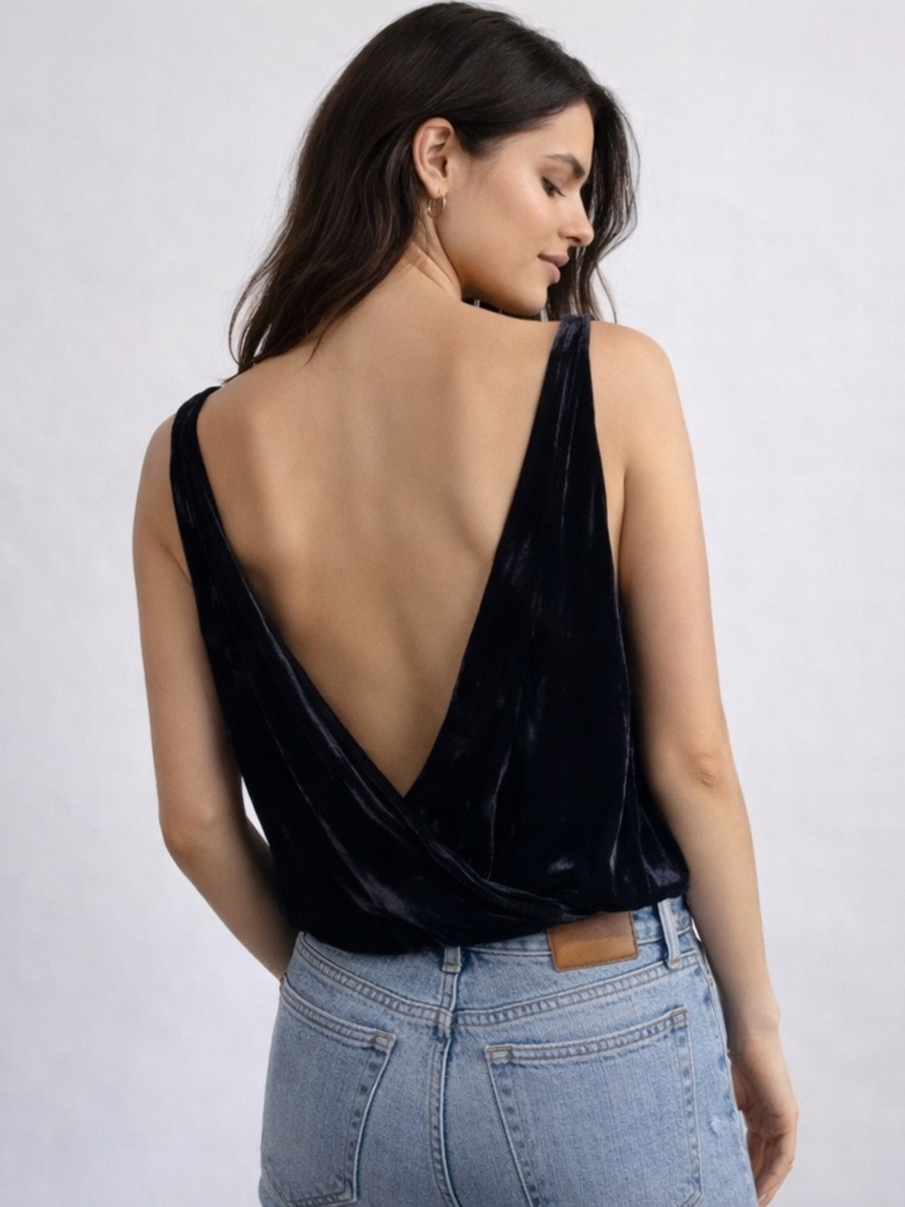 Y2K Express Low Back Silk Velvet Black Top V Neck Elastic Waist Size 3/4